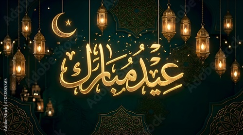 Luxury dark green and gold Eid Mubarak background with glowing 3d Arabic calligraphy, hanging lanterns, and crescent moon