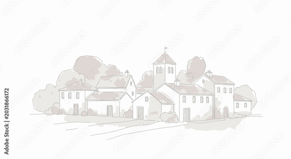 Fototapeta premium Illustrated village landscape with buildings trees and soft lighting