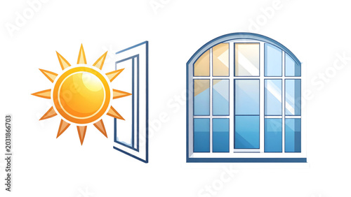 Modern window and sun icon set for architectural design and home renovation projects