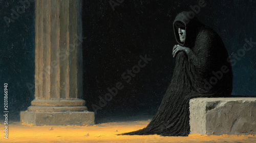 Hooded dark figure crouching amid warm sandstone columns in ancient ruins