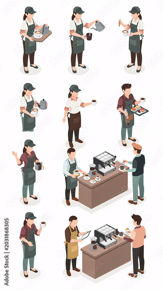 Obraz premium Modern Barista Character Pose Set Flat Vector
