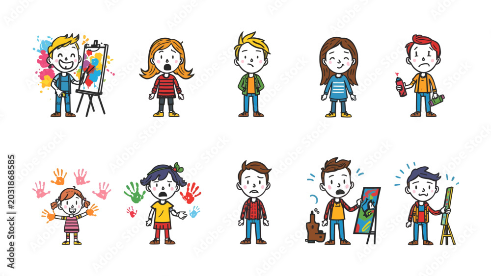 Fototapeta premium Creative Kids Expressing Emotions: A collection of diverse children engaged in various artistic activities, depicting a spectrum of emotions from joy and excitement to confusion and frustration.