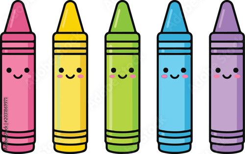 Kawaii crayons vector collection. Cute school supplies with happy faces. Cartoon drawing tools set. Pastel wax crayons characters. Back to school stationery. Kindergarten art supplies. Colorful pencil