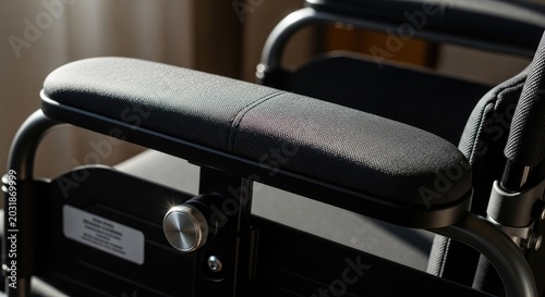 Close-up of a Black Wheelchair Armrest in a Healthcare Setting.