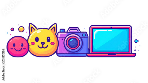 Cute Mixed Symbols. Clean solid filled banner composition of cute everyday symbols scene with two smiley characters beside an oversized cat face and large laptop reaching opposite edges, camera,