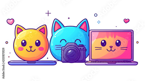 Cute Mixed Symbols. Clean solid filled banner composition of cute everyday symbols scene with two smiley characters beside an oversized cat face and large laptop reaching opposite edges, camera,