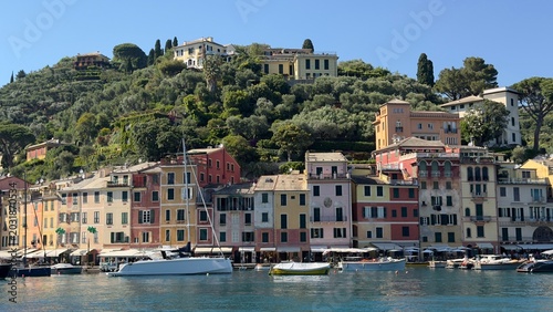 Bild auf Leinwand Scenic View of Colorful Houses and Boats in Portofino Harbor Italy