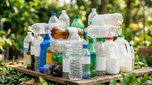 фотографія Large collection of assorted plastic bottles and jugs, including water containers and detergent flasks, piled outdoors on a wooden palette for recycling purposes
