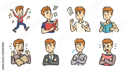 Slika na platnu Set of Emotions: A young man is depicted in various emotional states, showcasing a range of feelings from elation and joy to frustration and anger, offering a visual narrative of human experience