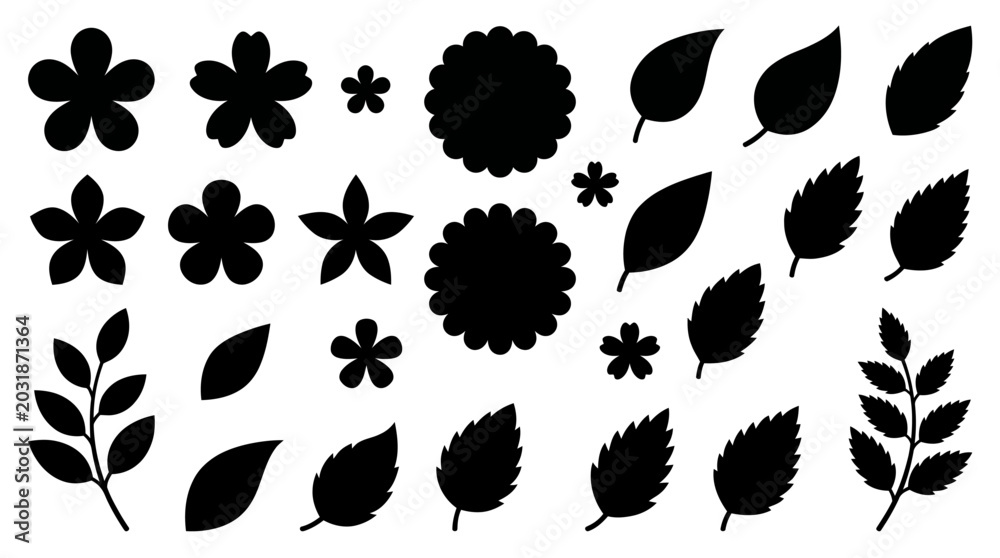 Fototapeta premium Assorted botanical silhouettes: black leaf and flower shapes collection for design, illustration, patterns, logos, and crafts.
