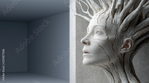 Stone-Textured Root Hair Woman Profile in Pale Monochrome Sculptural Style