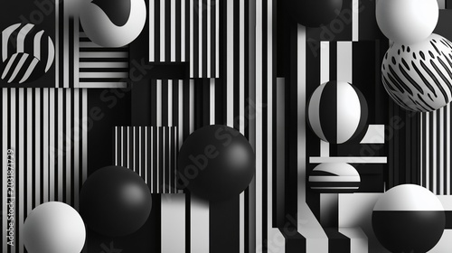 Abstract Geometric Composition: Black and White Spheres and Stripes