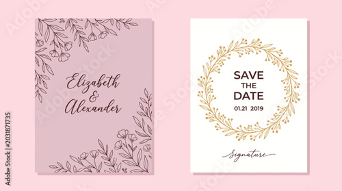 Elizabeth and Alexander Wedding Invitation Suite — Pastel Pink Cards with Floral Borders and a Save-the-Date Gold Wreath Card