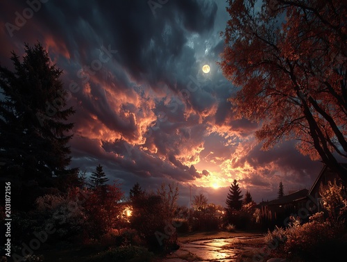 Dramatic Sunset Over a Rural Landscape with a Winding Road.