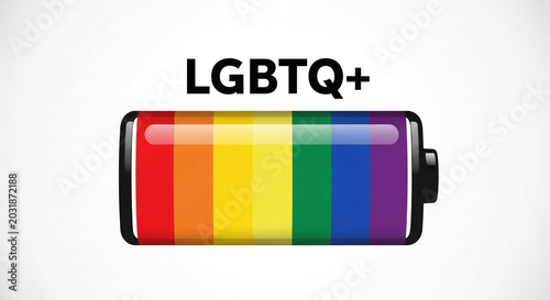 A battery filled with rainbow colors, symbolizing LGBTQ+ pride and empowerment, with text above representing identity and belonging.