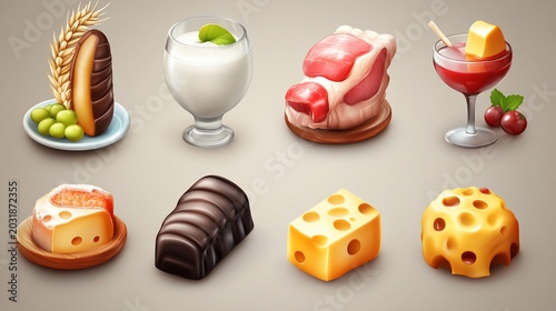 Assortment of Delicious Food Icons: Cheese, Chocolate, Meat, Fruit, Yogurt, and Drink