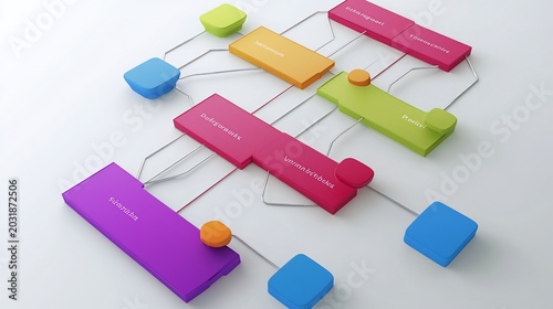 Colorful Abstract Blocks Connected by Lines: Business Strategy and Network Concept