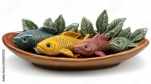 Colorful Ceramic Fish Sculpture on Rustic Plate with Green Leaves