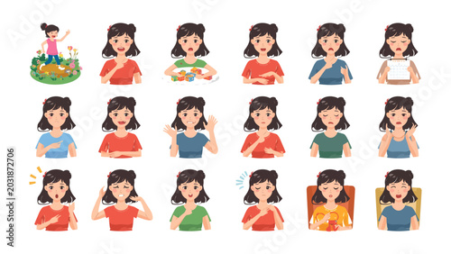 Foto Emotions Illustrated: A compilation of diverse facial expressions and gestures showcasing a young woman's range of emotions and actions, from joy and excitement to contemplation and distress