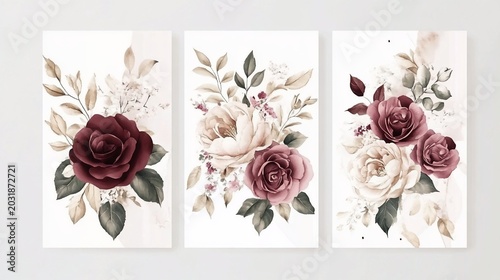 Elegant Floral Triptych: Burgundy and Cream Roses with Dried Botanicals