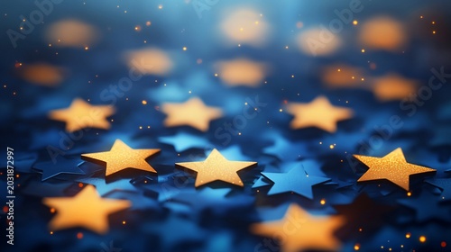 Golden Stars Glittering on a Dark Blue Background with Bokeh Lights