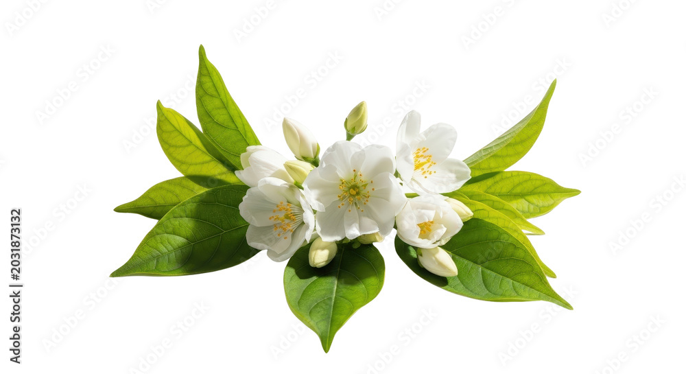 Obraz premium Fresh white jasmine flowers with lush green leaves in natural light