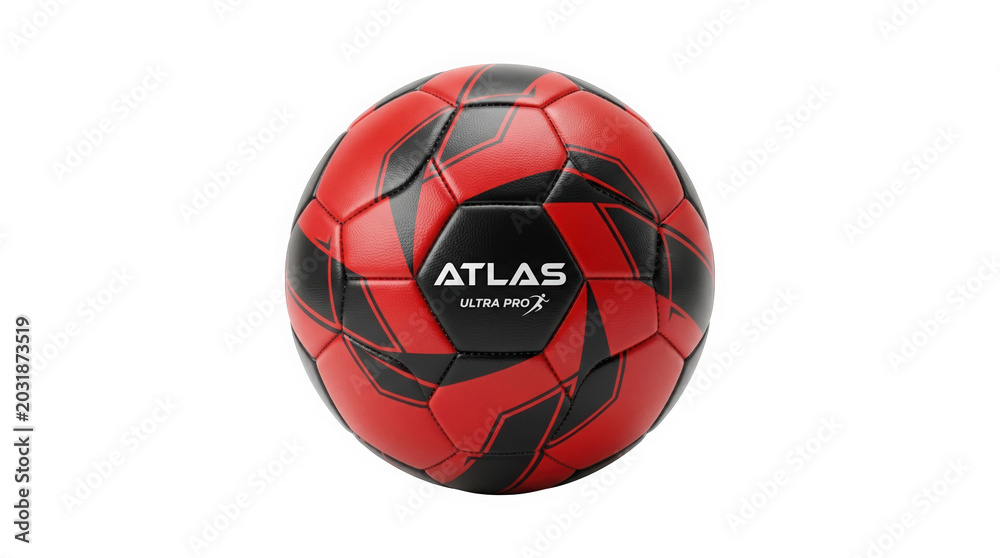 Fototapeta premium Red and black soccer ball with atlas ultra pro logo isolated on transparent background