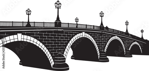Tableau sur toile Elegant stone arch bridge with multiple arches and classic lampposts in black a