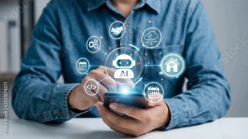 A person using a smartphone surrounded by digital icons representing technology and innovation.