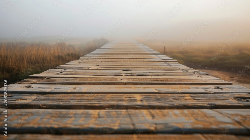 Fototapeta premium A wooden boardwalk extends into the haze, with a pilgrim walking on the camino path