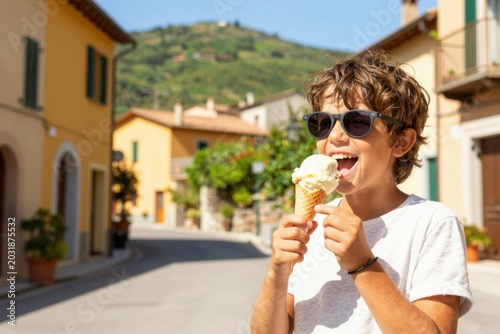 Young boy eating ice cream cone on sunny village street
