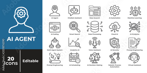 AI Agent Outline Icon Pack – Artificial Intelligence Monoline Vector Icons Set