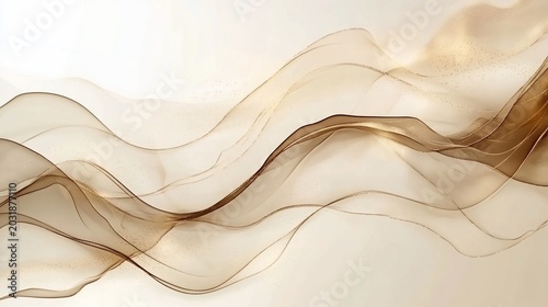 Elegant flowing waves of golden abstract smoke or silk on a light background, shimmering with glitter