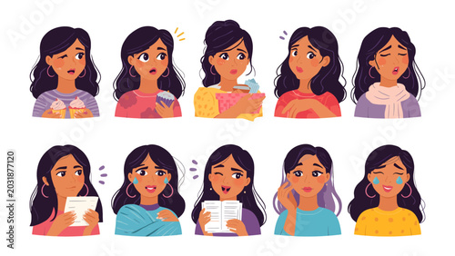 Schilderij op canvas Diverse Emotional Expressions: A collection of ten illustrated portraits showcasing a woman's varied emotions, from joy and surprise to sadness and contemplation