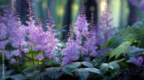 Lavender flowers bloom vibrantly in a lush forest setting. Their soft purple petals catch sunlight, enhancing the tranquil beauty of nature during a peaceful morning