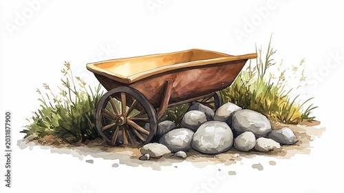 Vintage Wheelbarrow with Rocks and Grass, Rustic Garden Tool Illustration