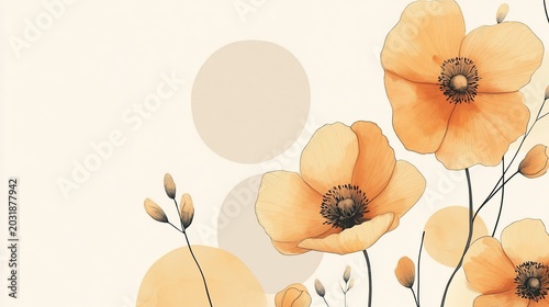 Watercolor Orange Poppies with Soft Circles Background