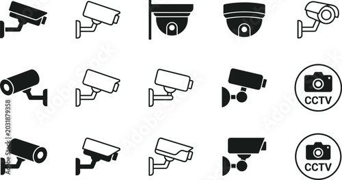 Foto Security camera and CCTV icons set, vector surveillance signs, digital monitoring system symbols, privacy guard protection, and electronic video observer web graphic layout