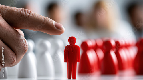 Leadership recruitment human resource individuality red figure job candidate career choice decision selection workplace business employment management teamwork crowd group people person hand