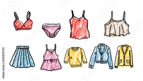 Foto Fashion Sketch Collection: A charming assortment of hand-drawn fashion sketches showcasing various clothing items for women, including lingerie, tops, skirts, and outerwear, presented in a vibrant