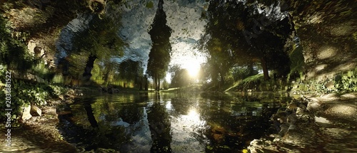 Enchanting Reflections - A Serene Cave Pool Illuminated by Sunlight.