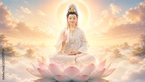 Guanyin Goddess of Mercy Seated Meditation Figure with Soft Golden Halo