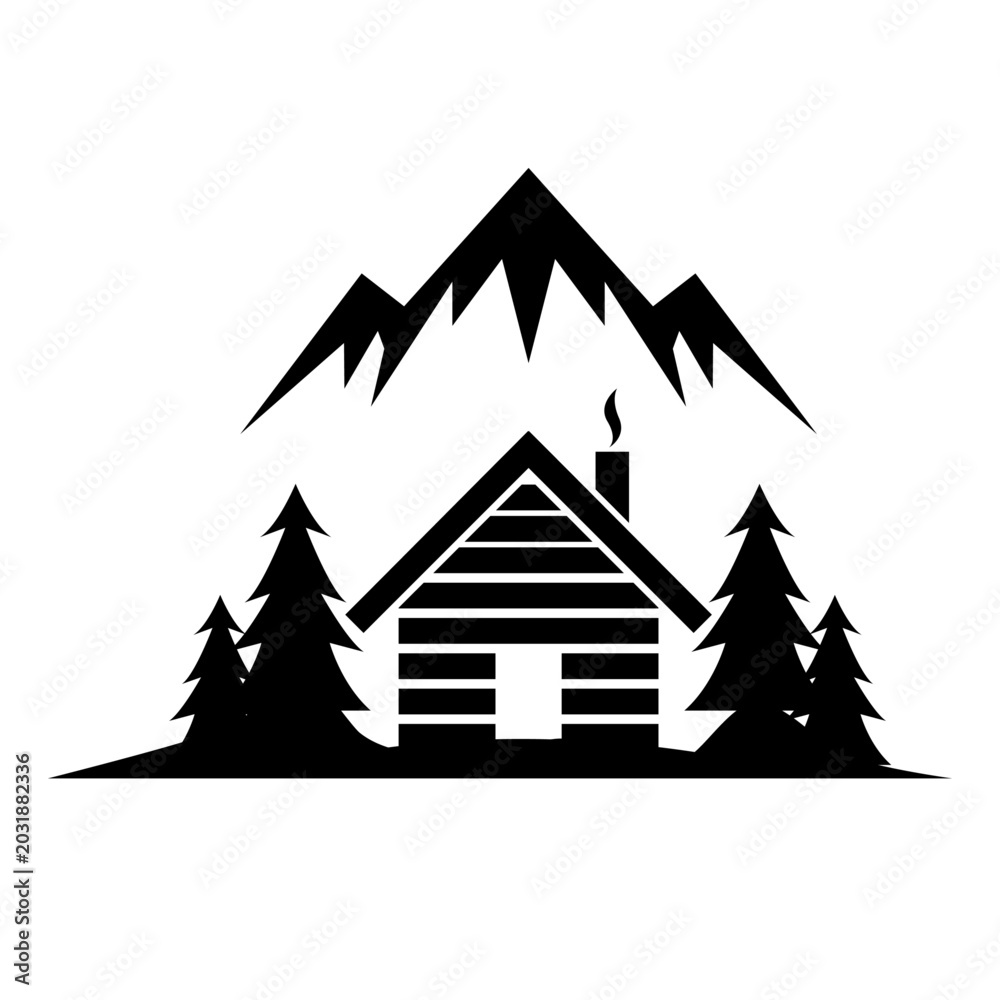 Obraz premium Rustic Mountain Cabin Logo with Pine Trees and Smoking Chimney