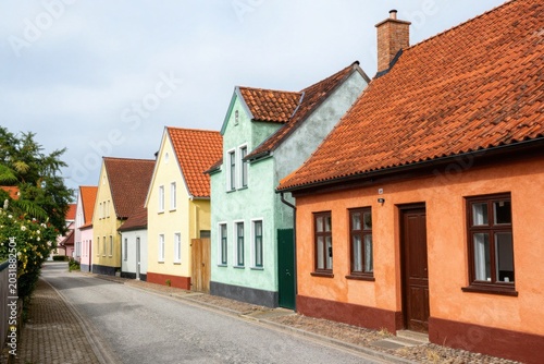 Row of colorful houses lining quiet residential street