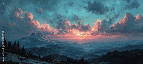 Majestic Mountain Landscape at Sunset with Dramatic Clouds and Vibrant Colors.