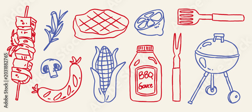 Cuadro en lienzo BBQ party doodle element set with grill sausage steak and corn vector illustration