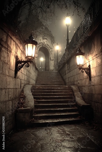 Mysterious Stairway Illuminated by Lanterns in a Stone Tunnel.