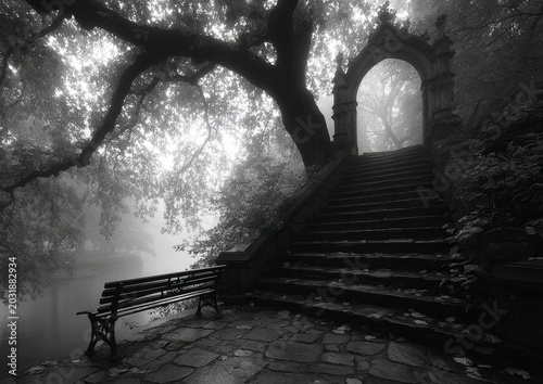 Mysterious Stairway to Heaven - A Black and White Dreamscape.
