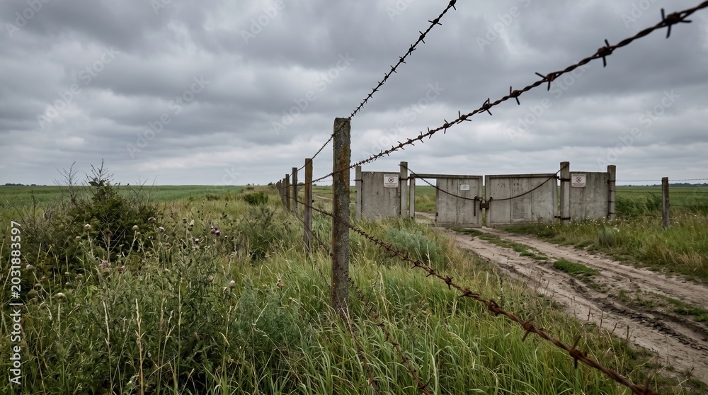 Obraz premium A barbed wire fence stretches across the foreground, enclosing a neglected gate. The sky is overcast, casting a gloomy atmosphere over the lush greenery and distant fields.