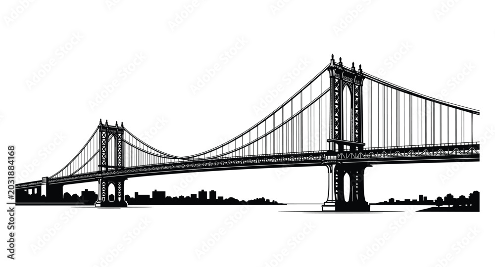 Fototapeta premium Brooklyn Bridge silhouette, New York city skyline, suspension bridge architecture.